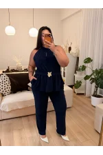 Halter Yaka Gül Aksesuarlı Esnek Krep Takım - Lacivert