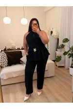 Halter Yaka Gül Aksesuarlı Esnek Krep Takım - Siyah