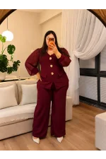Kolları Şifon İstiridye Detaylı Krep Takım - Bordo