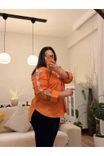 Kolları Taş Detaylı Büzgülü Gömlek - Turuncu