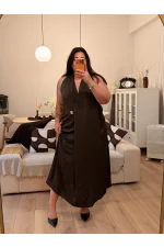 Kruvaze Halter Yaka Astarlı Nisbet Elbise - Kahverengi