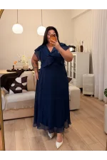 Kruvaze Volanlı Organze Astarlı Elbise - Lacivert