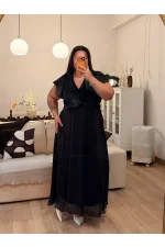 Kruvaze Volanlı Organze Astarlı Elbise - Siyah