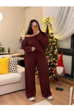 Kayık Yaka Geniş Kesim Modal Takım - Bordo