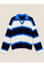 Oversize Polo Yaka Triko Kazak - Mavi