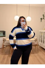 Oversize Polo Yaka Triko Kazak - Mavi