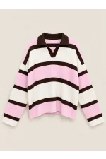 Oversize Polo Yaka Triko Kazak - Pembe