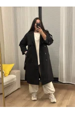 Oversize Premium Astarlı Trençkot - Siyah