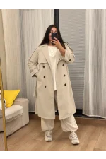 Oversize Premium Astarlı Trençkot - Taş