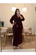 Uzun Kol Simli Flower Gece Elbisesi - Bordo
