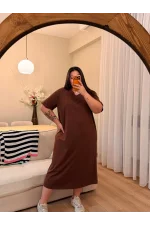 V Yaka Geniş Kesim Esnek Tişört Elbise - Kahverengi