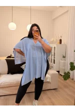 V Yaka Geniş Kesim Simli İnce Triko Pelerin - Mavi