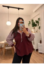V Yaka İpli Garni Detaylı Modal Bluz - Bordo Çizgili