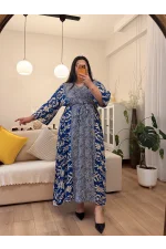 V Yaka Yarasa Kol Viskon Elbise - Mavi Etnik Desen