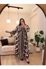 Yarasa Kol Beli Lastikli Viskon Elbise - Kahve Etnik Desen