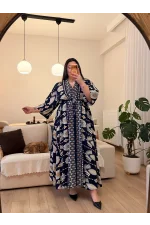 Yarasa Kol Beli Lastikli Viskon Elbise - Lacivert Etnik Desen