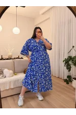 Yarasa Kol Beli Lastikli Viskon Elbise - Mavi Çiçekli