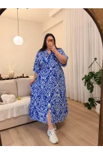 Yarasa Kol Beli Lastikli Viskon Elbise - Mavi Desenli