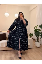 Yırtmaç Fermuarlı Geniş Kesim Viskon Elbise - Siyah Kalpli