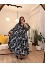 Yırtmaç Fermuarlı Geniş Kesim Viskon Elbise - Siyah Zebra