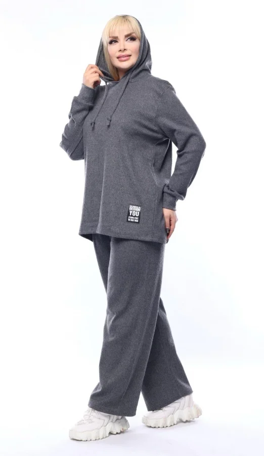 Geniş Kesim Esnek Kapüşonlu Fitilli Takım - Antrasit
