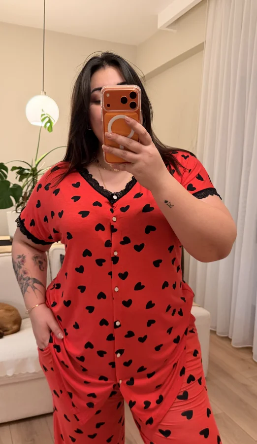 Düğmeli Geniş Kesim Esnek Pamuklu Pijama Takımı - Kırmızı Kalpli