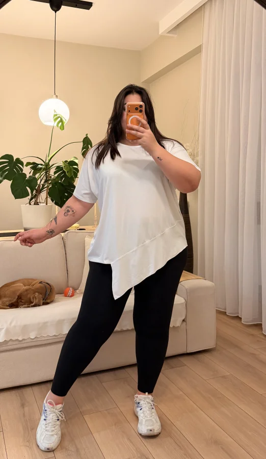 Simetri Detaylı Basic Esnek Penye Tişört - Beyaz