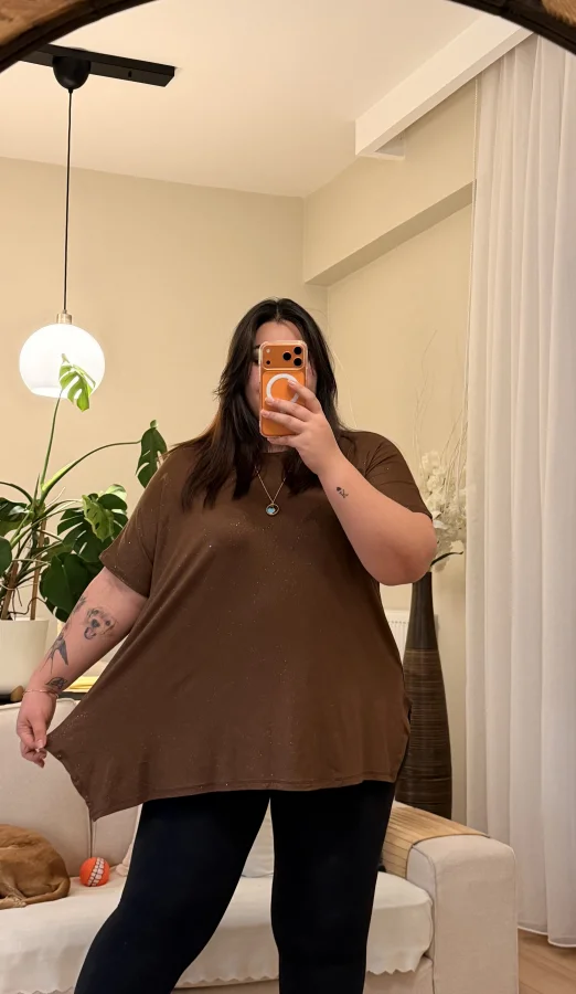 Sim Detaylı Geniş Kesim Penye Bluz - Kahverengi