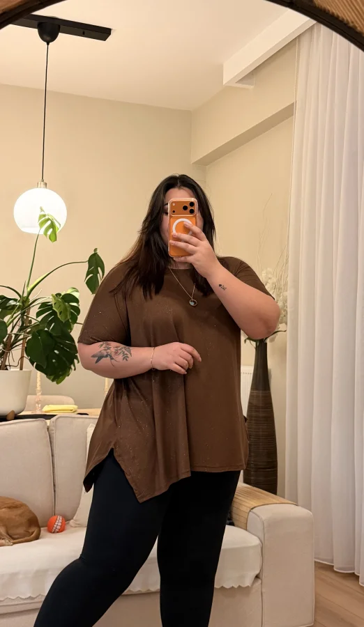 Sim Detaylı Geniş Kesim Penye Bluz - Kahverengi