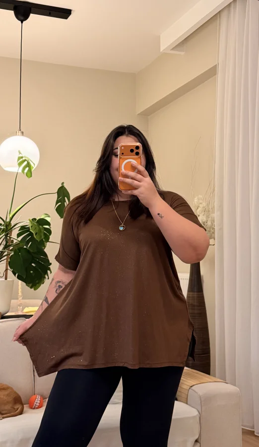 Sim Detaylı Geniş Kesim Penye Bluz - Kahverengi