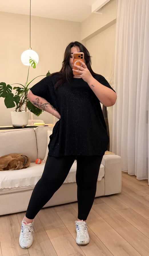 Sim Detaylı Geniş Kesim Penye Bluz - Siyah