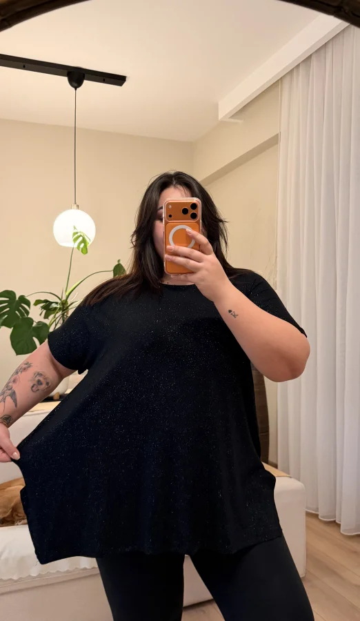 Sim Detaylı Geniş Kesim Penye Bluz - Siyah