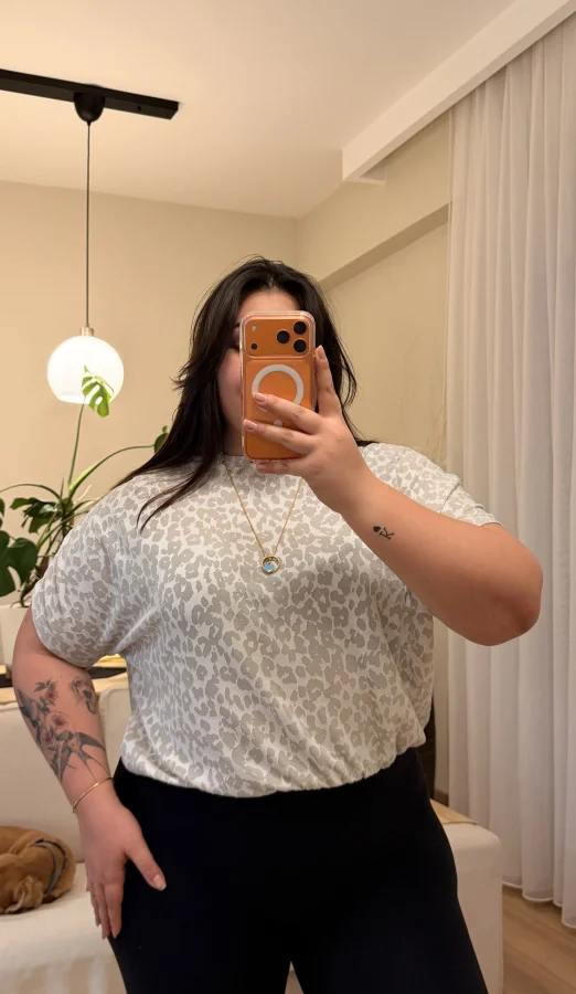 Drape Detaylı Esnek Örme Bluz - Ekru Leopar