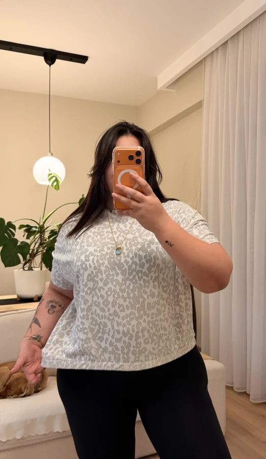 Drape Detaylı Esnek Örme Bluz - Ekru Leopar