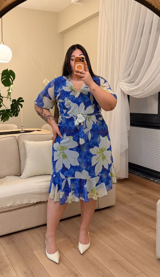 Kuşaklı Anvelop Astarlı Elbise - Mavi Çiçekli