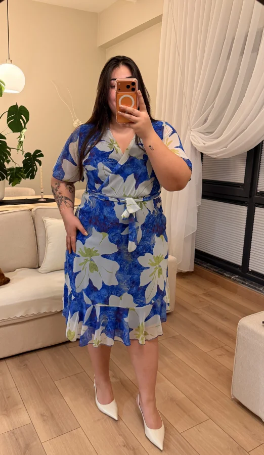 Kuşaklı Anvelop Astarlı Elbise - Mavi Çiçekli