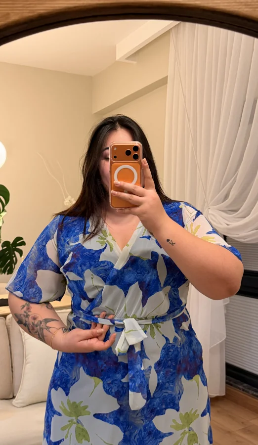 Kuşaklı Anvelop Astarlı Elbise - Mavi Çiçekli