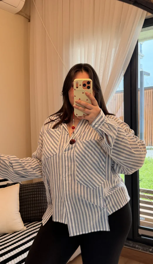 Geniş Kesim Pamuklu Gömlek - Mavi Çizgili