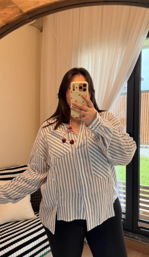 Geniş Kesim Pamuklu Gömlek - Mavi Çizgili