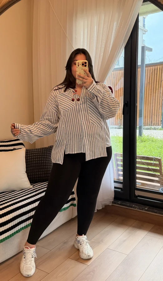 Geniş Kesim Pamuklu Gömlek - Mavi Çizgili