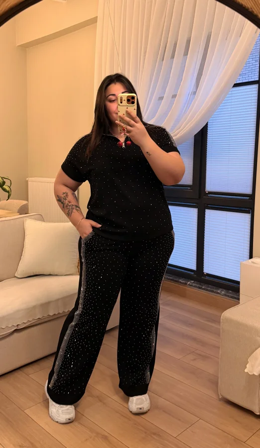 Fermuarlı Taş Detaylı Modal Takım - Siyah