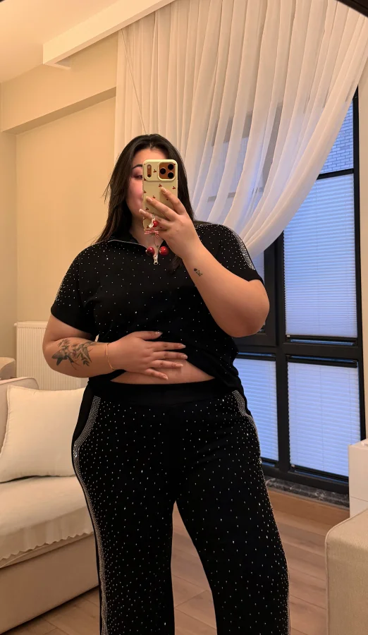 Fermuarlı Taş Detaylı Modal Takım - Siyah