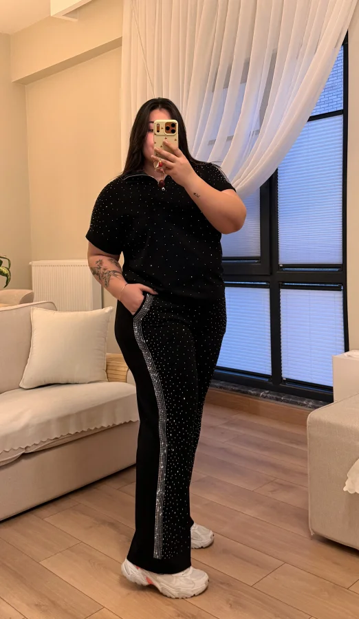 Fermuarlı Taş Detaylı Modal Takım - Siyah