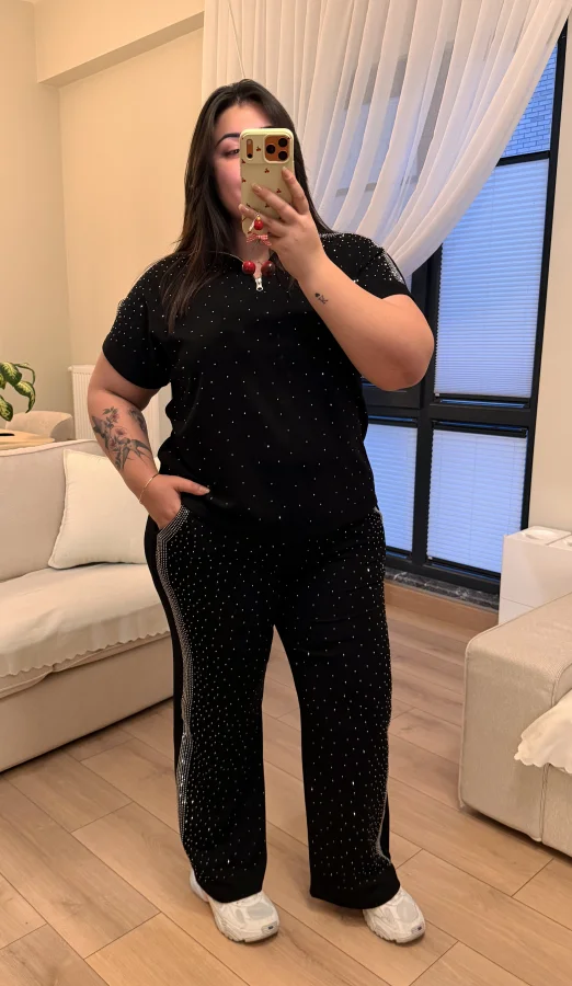 Fermuarlı Taş Detaylı Modal Takım - Siyah