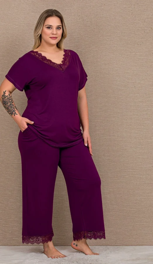 V Yaka Dantel Detaylı Esnek Penye Pijama Takımı - Mürdüm