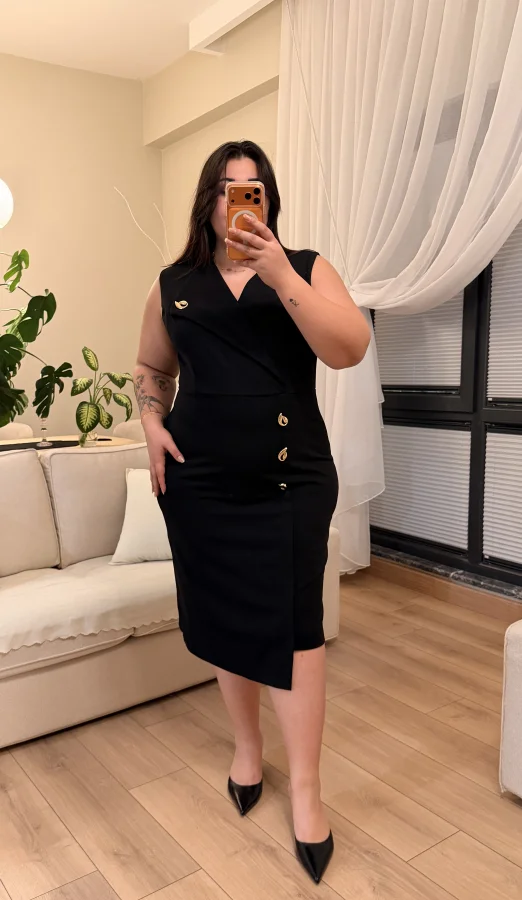 Kruvaze Yaka Gold Detaylı Krep Elbise - Siyah