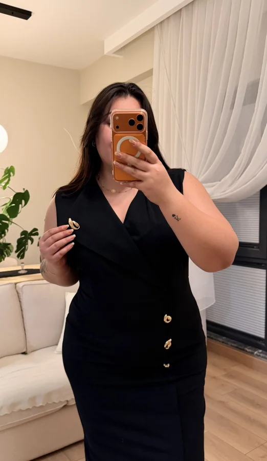 Kruvaze Yaka Gold Detaylı Krep Elbise - Siyah