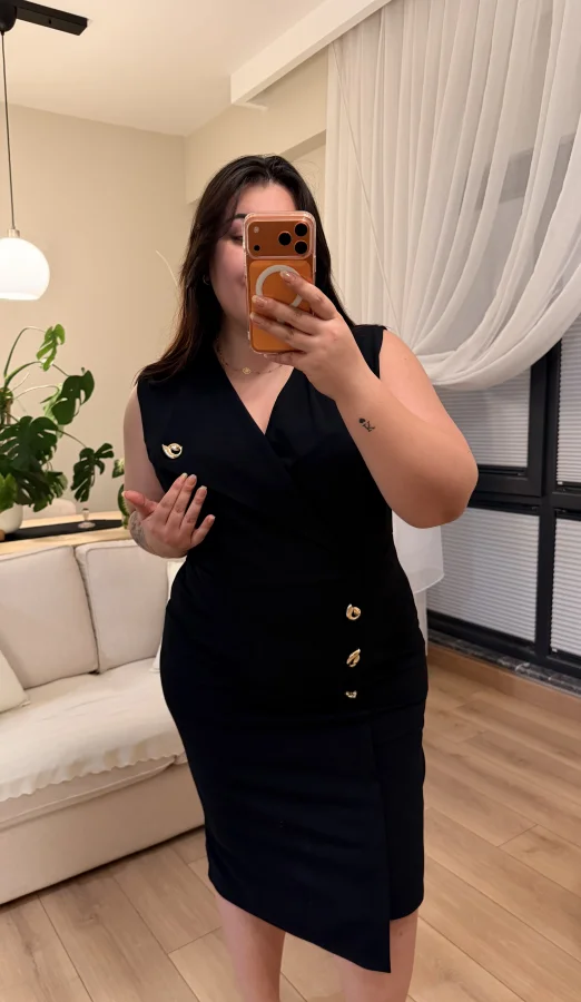 Kruvaze Yaka Gold Detaylı Krep Elbise - Siyah