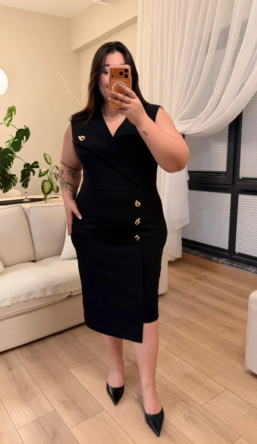 Kruvaze Yaka Gold Detaylı Krep Elbise - Siyah