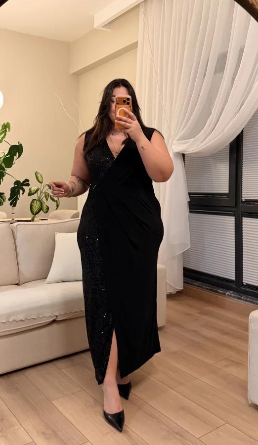 Maxi Boy Sıfir Kol Pul Payet Elbise - Siyah